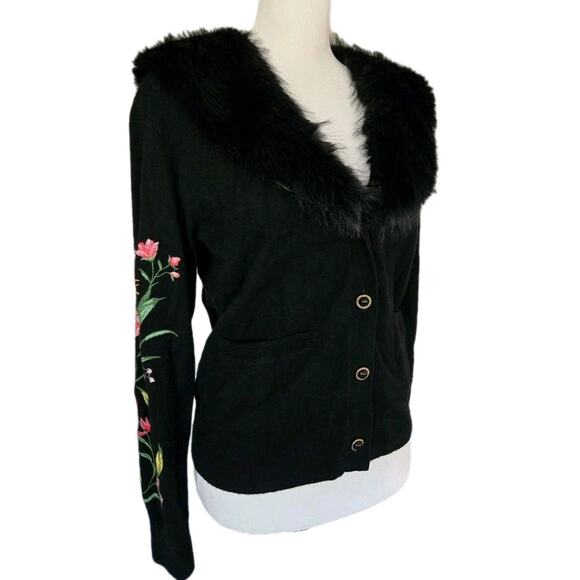 Johnny Was Wool Cashmere Embroidered Floral Vista Faux Fur Collar Cardigan Sz S - Picture 1 of 16